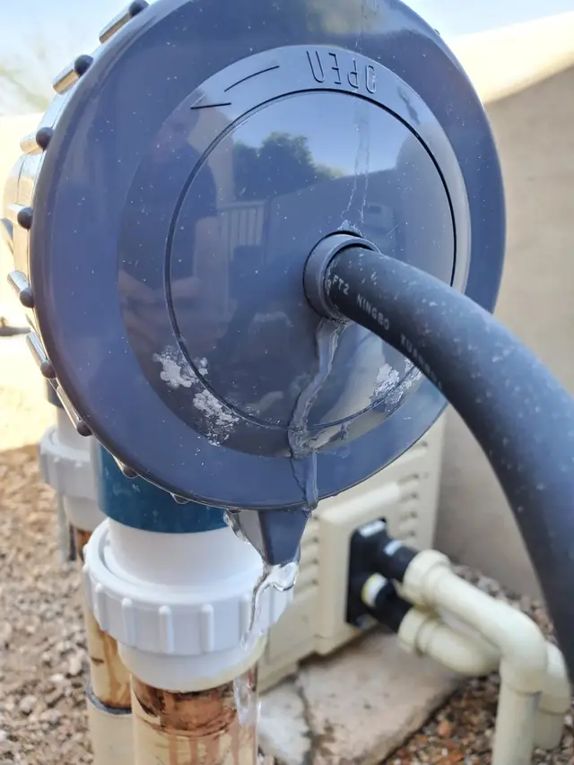 Close view of a pool pump housing and its clear lid